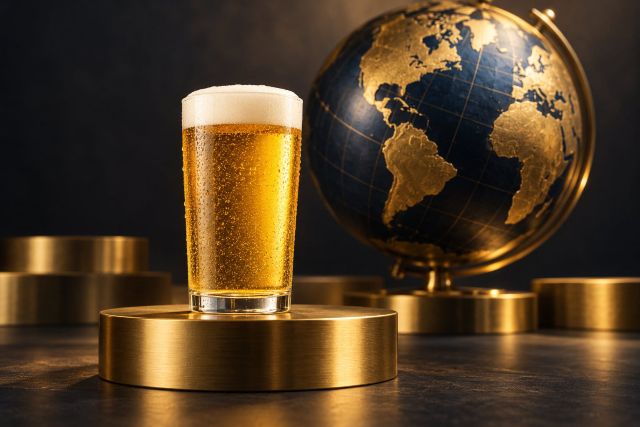Glass of golden beer on a brass pedestal with a gold and navy globe in the background.