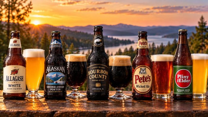 Five landmark American craft beers, including Allagash White, Alaskan Smoked Porter, Goose Island Bourbon County Stout, Pete’s Wicked Ale and Russian River Pliny the Elder, displayed against a scenic sunset backdrop.