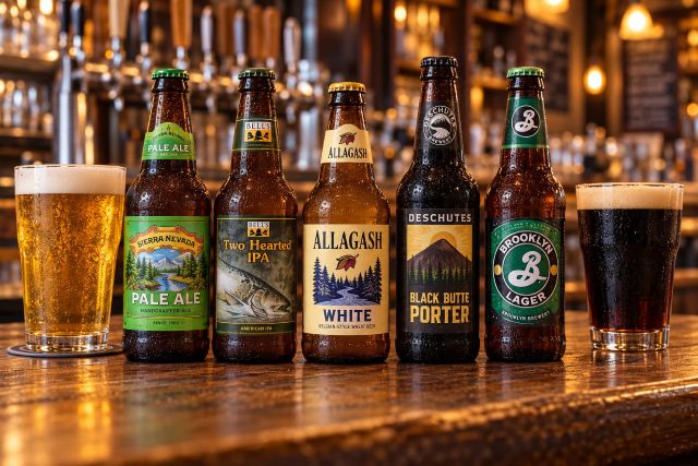 Five classic craft beer bottles, including Sierra Nevada Pale Ale and Allagash White, between glasses of golden ale and dark porter on a wooden bar.