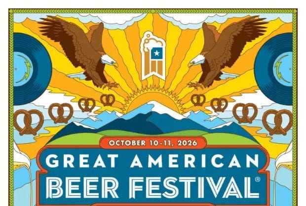 2026 Great American Beer Festival poster featuring bald eagles, Rocky Mountains, beer imagery and colorful vintage-style artwork.