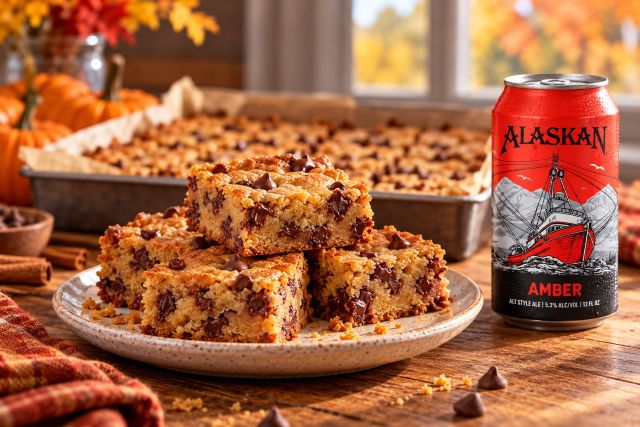 Chocolate chip cookie bars stacked on a ceramic plate beside a can of Alaskan Amber, with a baking pan and autumn decorations in the background.
