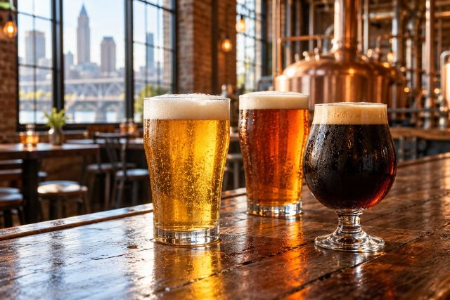 Three glasses of golden lager, amber lager and dark porter on a wooden bar, with copper brewing tanks and the Cleveland skyline in the background.