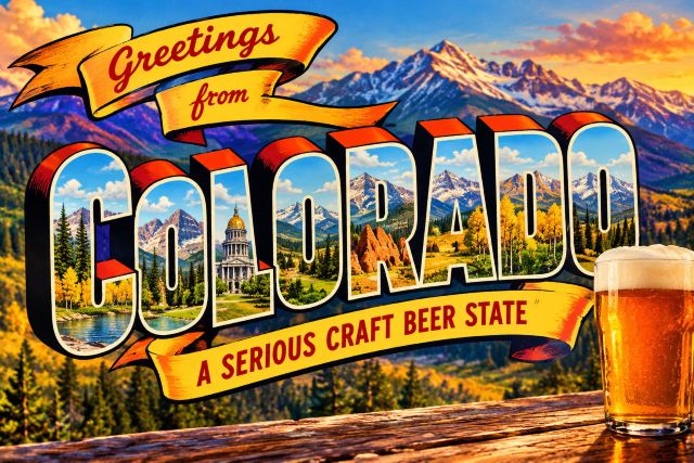 Vintage Colorado postcard illustration featuring Rocky Mountain scenery, bold Colorado lettering, a glass of craft beer and the banner “A Serious Craft Beer State.”