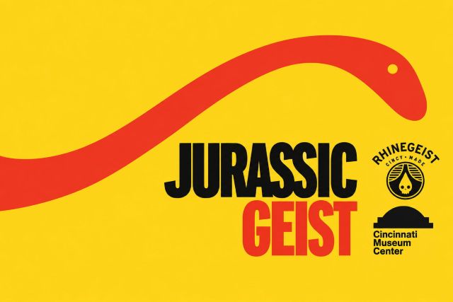 Jurassic Geist promotional graphic featuring an orange dinosaur silhouette on a yellow background with Rhinegeist Brewery and Cincinnati Museum Center logos.