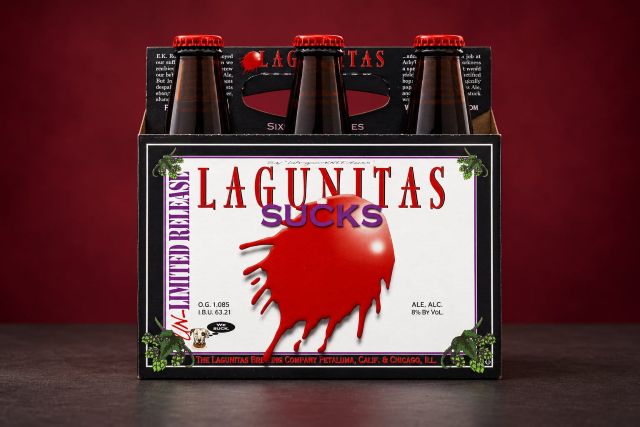 Lagunitas Sucks beer six-pack with red bottle caps against a deep burgundy backdrop
