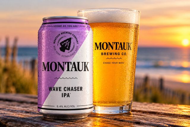 Montauk Wave Chaser IPA can and glass of golden beer overlooking the ocean at sunset.