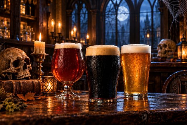 Three glasses of craft beer on a candlelit tavern bar beside a weathered skull and antique book, with moonlit Gothic windows behind them.