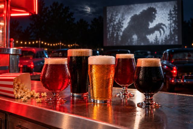 Five glasses of craft beer beside popcorn at a neon-lit drive-in, with a monster movie on screen and a cloudy moon above the trees.