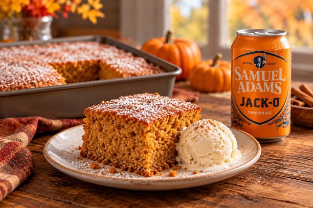 Pumpkin beer cake dusted with powdered sugar and served with vanilla ice cream beside a can of Samuel Adams Jack-O Pumpkin Ale.
