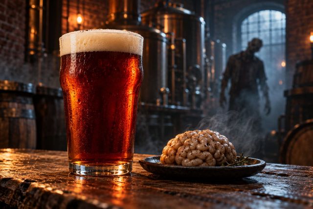Amber beer beside a plate of brains in a dimly lit brewery, with a zombie lurking in the smoky background.