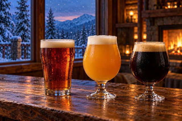 Three craft beers on a wooden bar beside a glowing fireplace, with snow-covered evergreens visible through a lodge window.