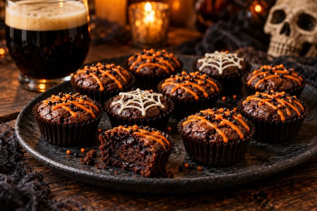 Halloween brownie bites decorated with orange drizzle, sprinkles and white chocolate spiderwebs, served beside a glass of stout with candlelight and a decorative skull in the background.