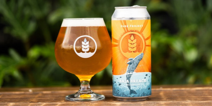 Pure Project Baja Breach IPA can with breaching whale artwork beside a glass of golden beer on a wooden table.