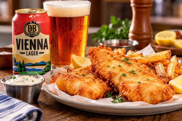 Crispy beer-battered fish and golden chips served with Devils Backbone Vienna Lager, tartar sauce and fresh lemon wedges.